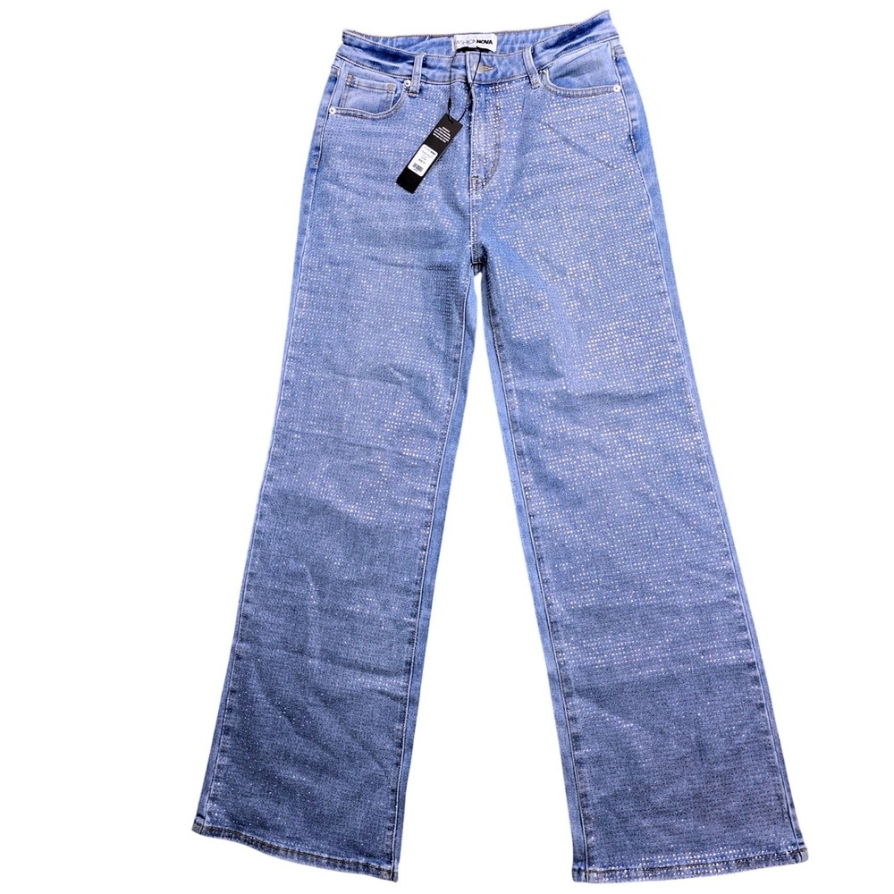 Fashion Nova Rhinestone Wide Leg  Light Wash Denim Size 11 NWT Sparkly jeans